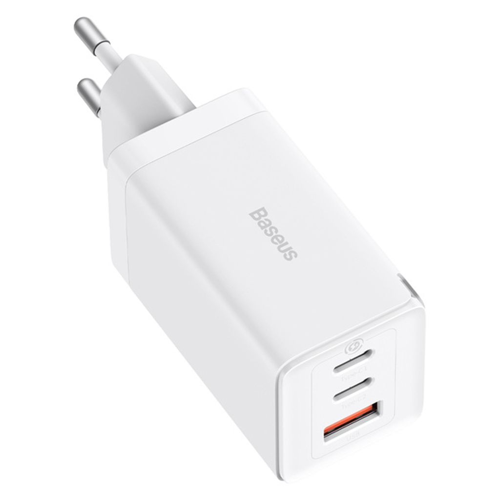 Baseus GaN5 Pro 65W hurtiglader med kabel – hvit (2x USB-C, 1x USB)