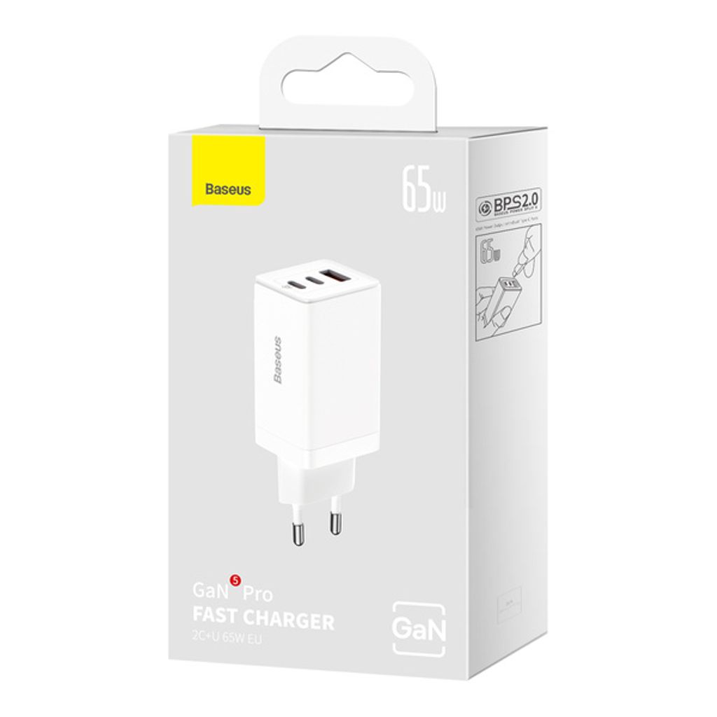 Baseus GaN5 Pro 65W hurtiglader med kabel – hvit (2x USB-C, 1x USB)