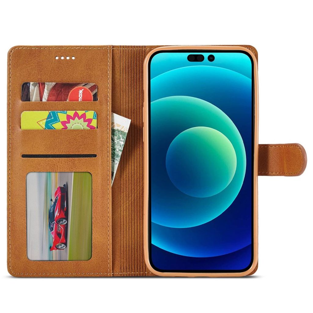 LC.IMEEKE iPhone 14 Pungetui med stativ – Lysebrun