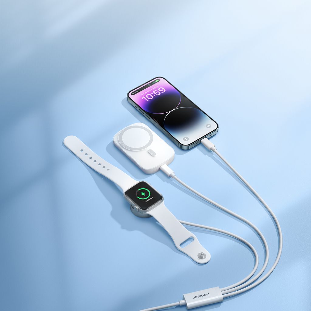 Joyroom S-IW008 3-i-1 magnetisk ladekabel USB-A til Lightning/USB-C 1,2m hvit