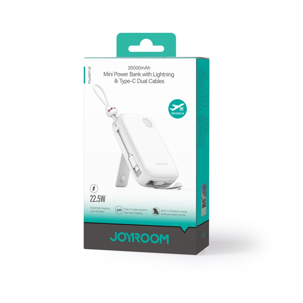 Powerbank Joyroom JR-L008 Plus Cutie Series 22.5W 20000mAh med stativ – hvit
