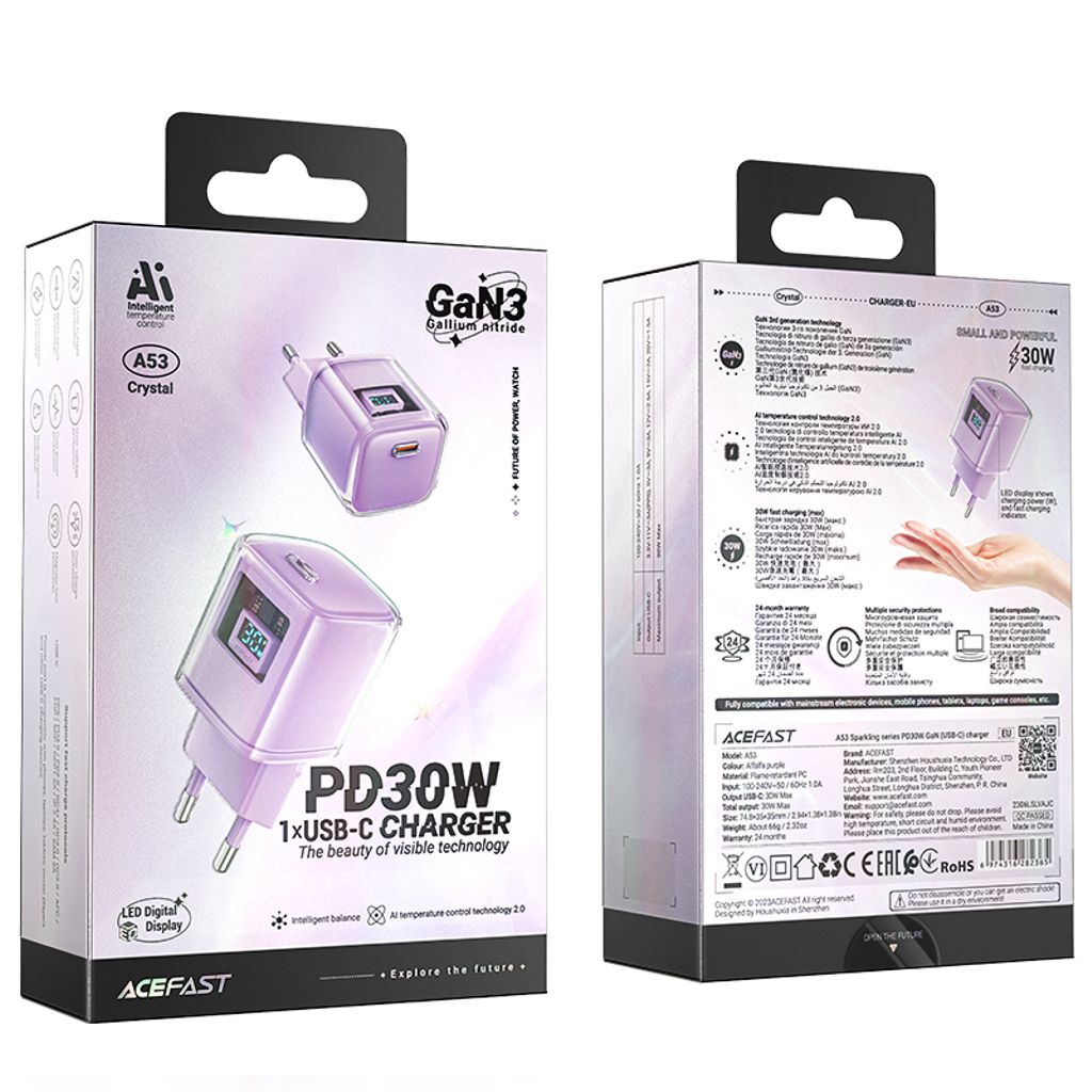 Acefast A53 PD 30W GaN USB-C laddare med display - lila