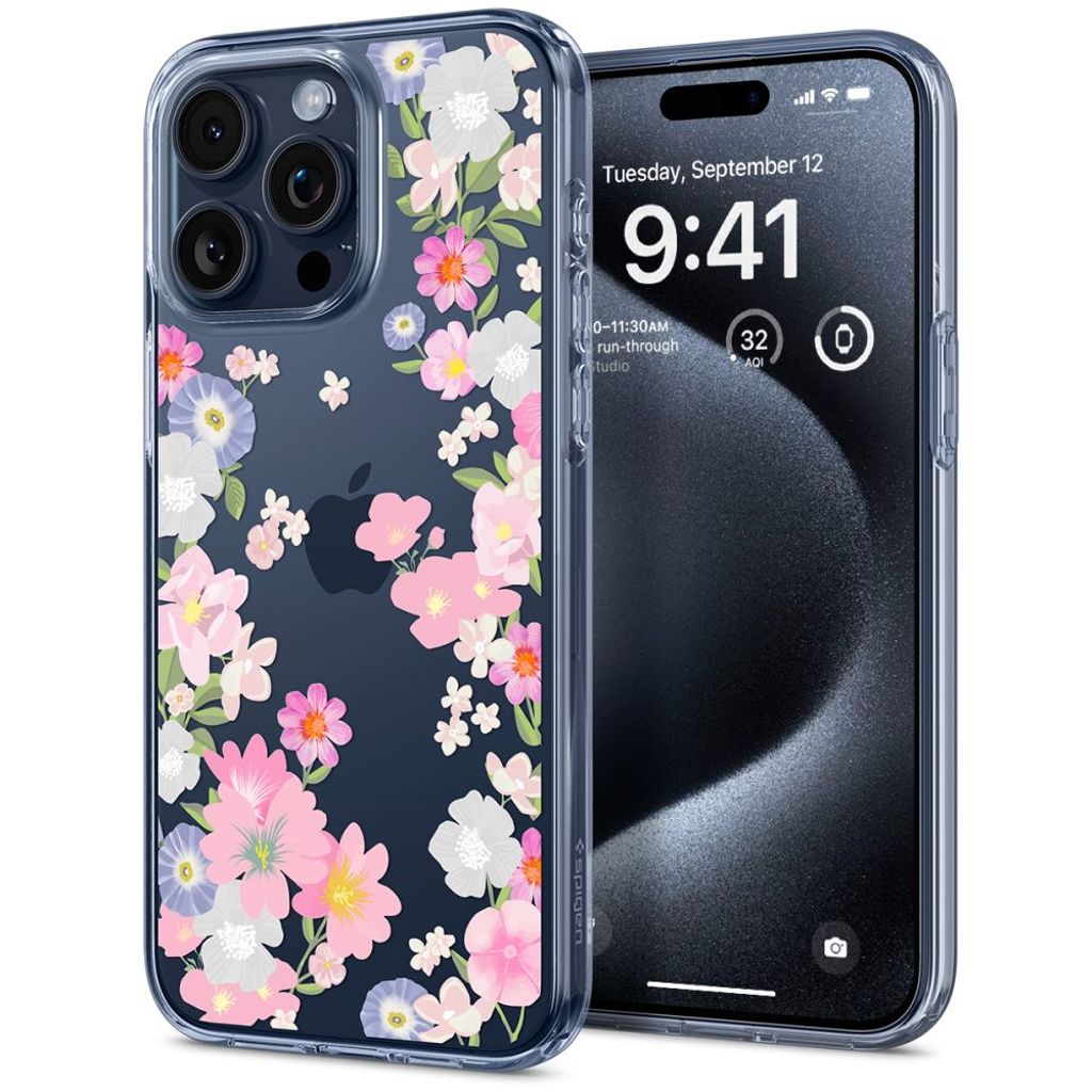 Spigen Liquid Crystal Case for iPhone 15 Pro - Pink And Blue Flowers