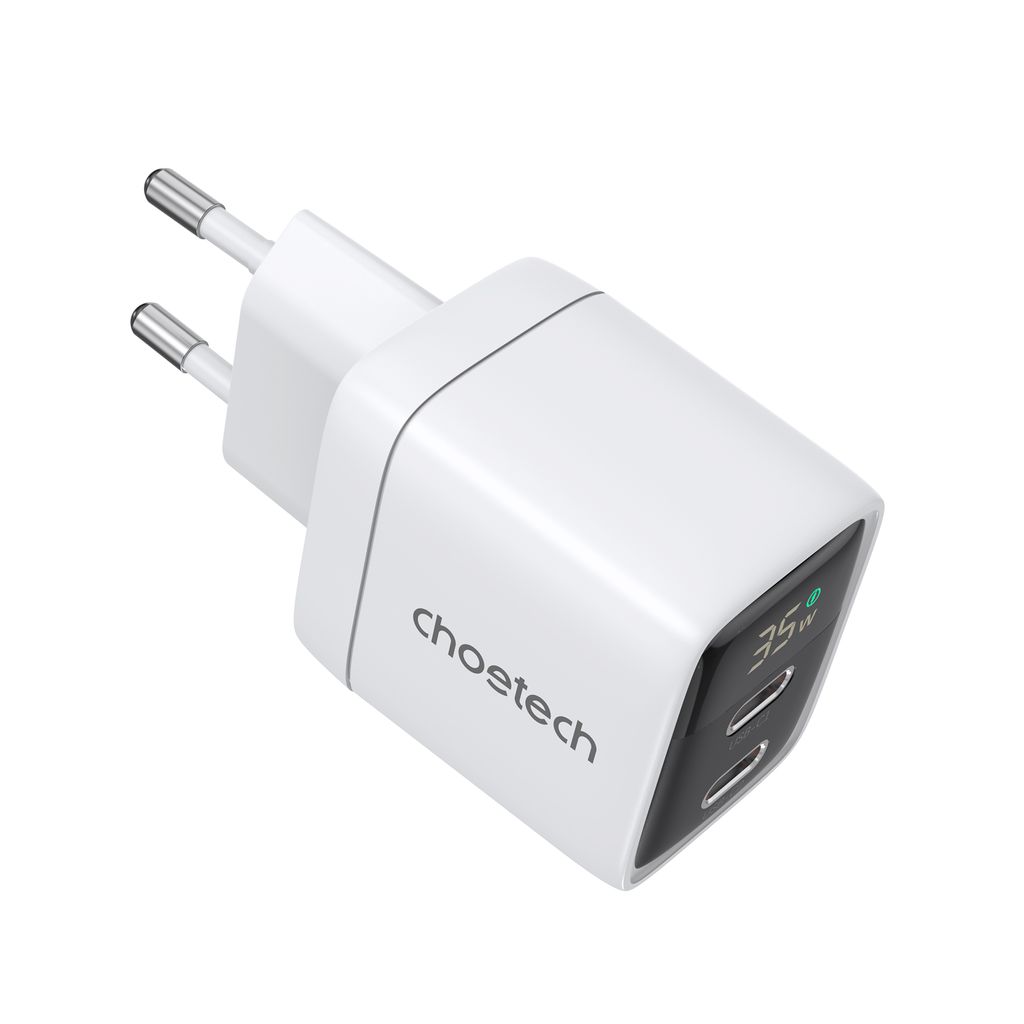 Choetech PD6051 2x USB-C PD 35W GaN laturi näytöllä - valkoinen