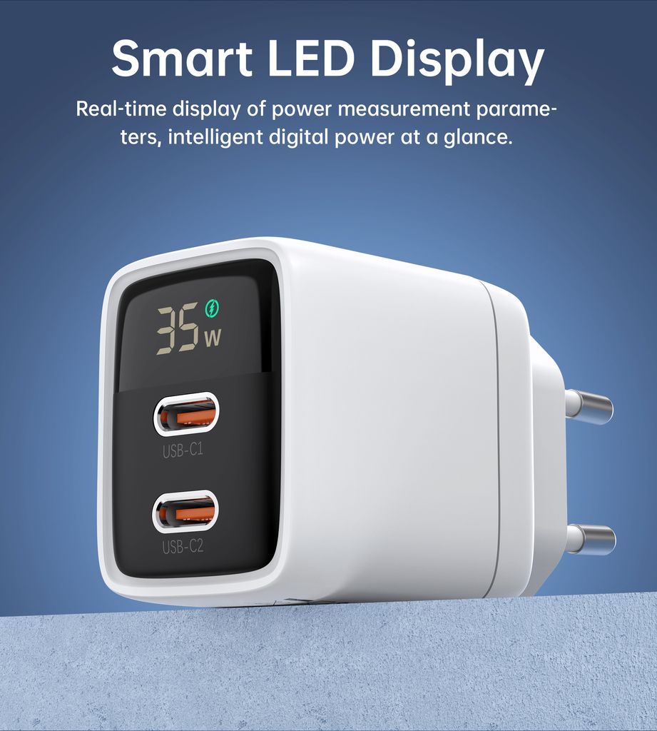 Choetech PD6051 2x USB-C PD 35W GaN laturi näytöllä - valkoinen