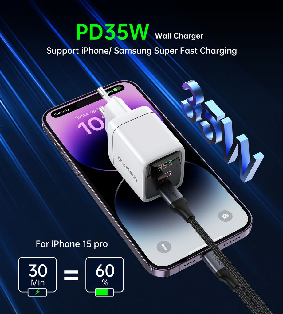 Choetech PD6051 2x USB-C PD 35W GaN laturi näytöllä - valkoinen