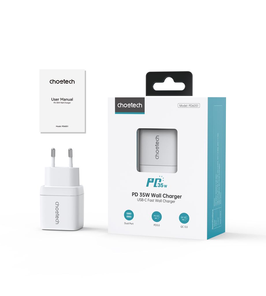 Choetech PD6051 2x USB-C PD 35W GaN laturi näytöllä - valkoinen