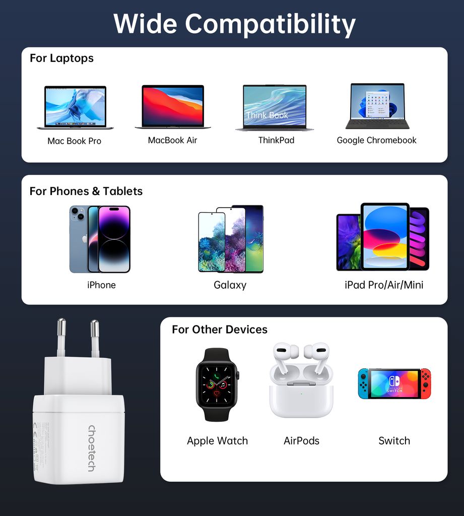 Choetech PD6051 2x USB-C PD 35W GaN laturi näytöllä - valkoinen