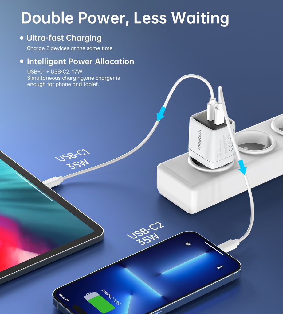 Choetech PD6051 2x USB-C PD 35W GaN laturi näytöllä - valkoinen