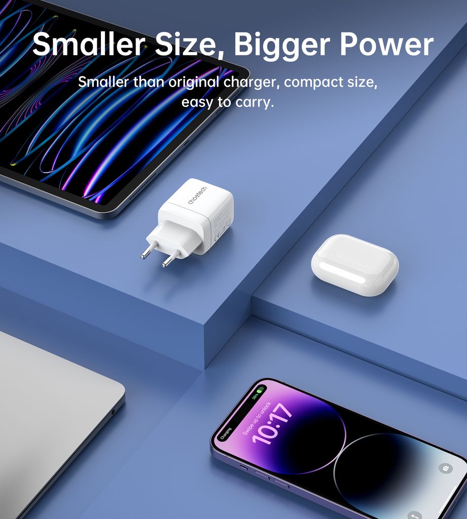 Choetech PD6051 2x USB-C PD 35W GaN laturi näytöllä - valkoinen