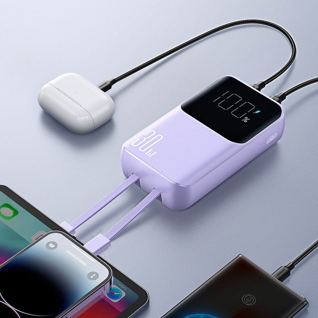 Joyroom JR-PBC07 20000mAh 30W mini powerbank med USB-C og Lightning kabler – lilla