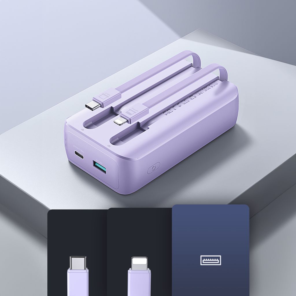 Joyroom JR-PBC07 20000mAh 30W mini powerbank med USB-C og Lightning kabler – lilla