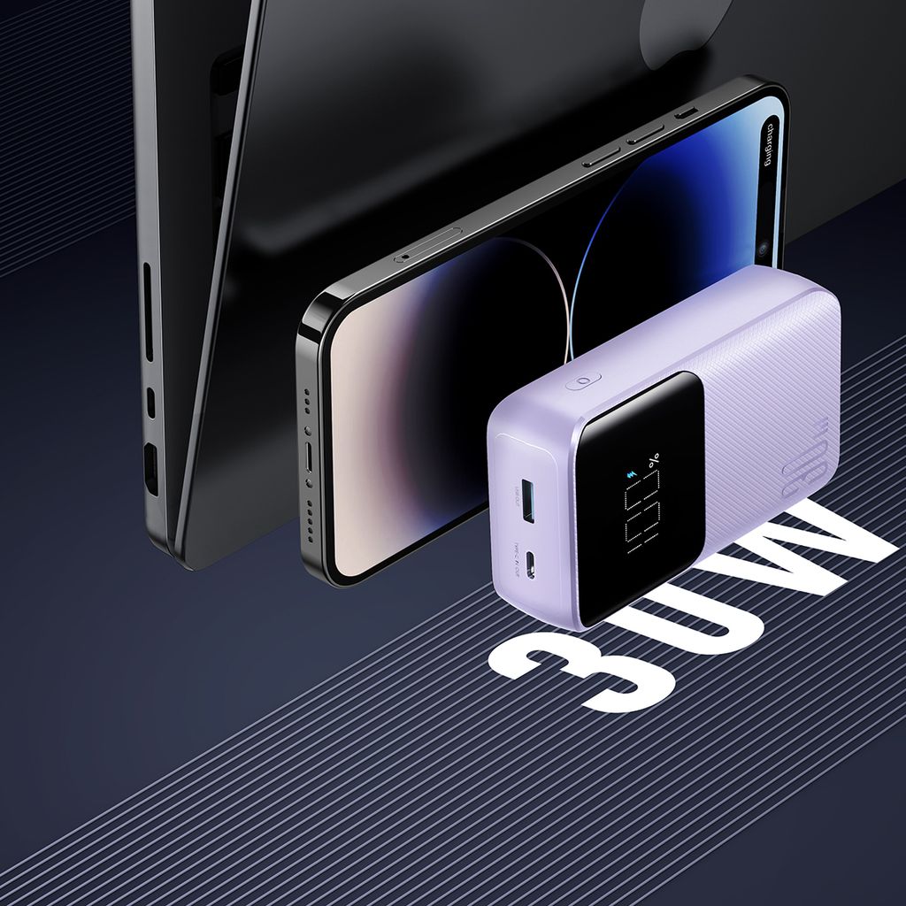 Joyroom JR-PBC07 20000mAh 30W mini powerbank med USB-C og Lightning kabler – lilla