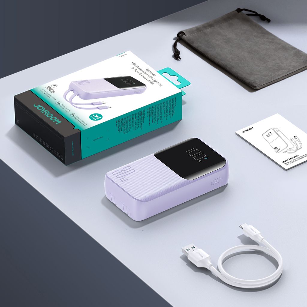 Joyroom JR-PBC07 20000mAh 30W mini powerbank med USB-C og Lightning kabler – lilla