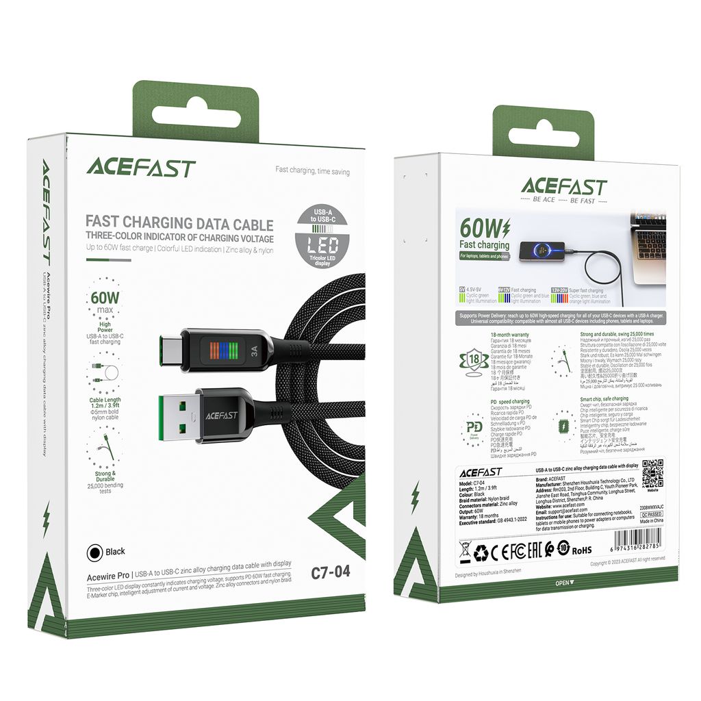 Acefast C7-04 USB-A til USB-C kabel 60W 1,2m med display – svart