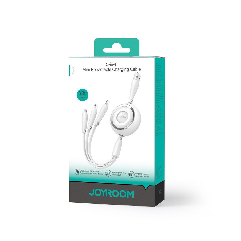 Joyroom Colorful Series S-A40 Uttrekkbar 3-i-1 kabel 1m – hvit