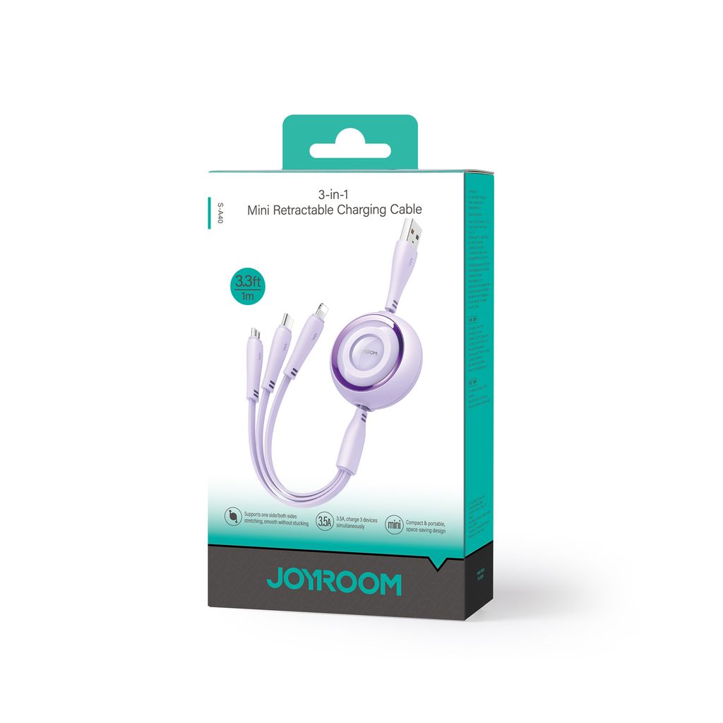 Joyroom Colorful Series S-A40 uttrekkbar 3-i-1 USB-kabel 1m lilla