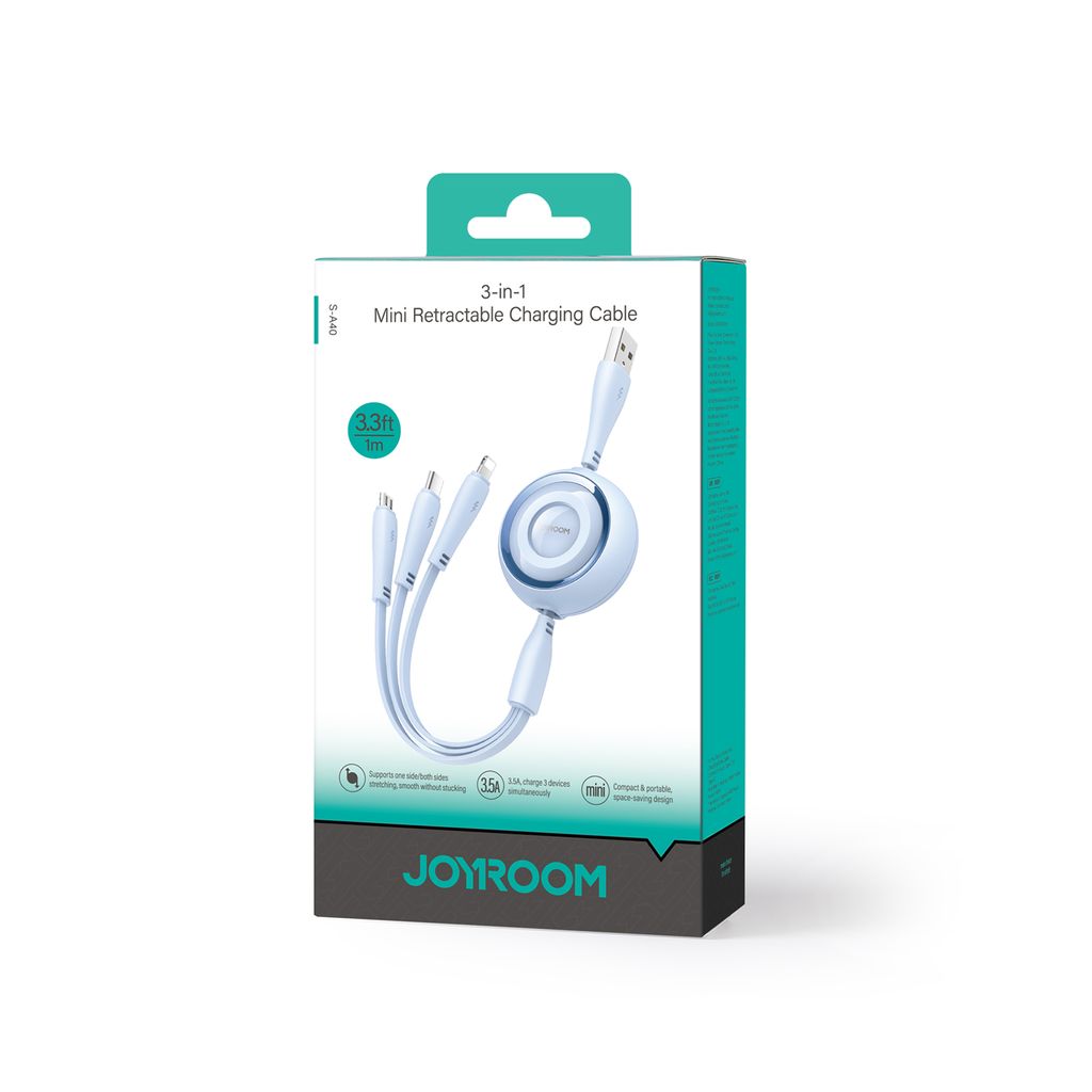 Joyroom Colorful Series S-A40 uttrekkbar 3-i-1 kabel USB-A - USB-C/Lightning/Micro USB 1m blå