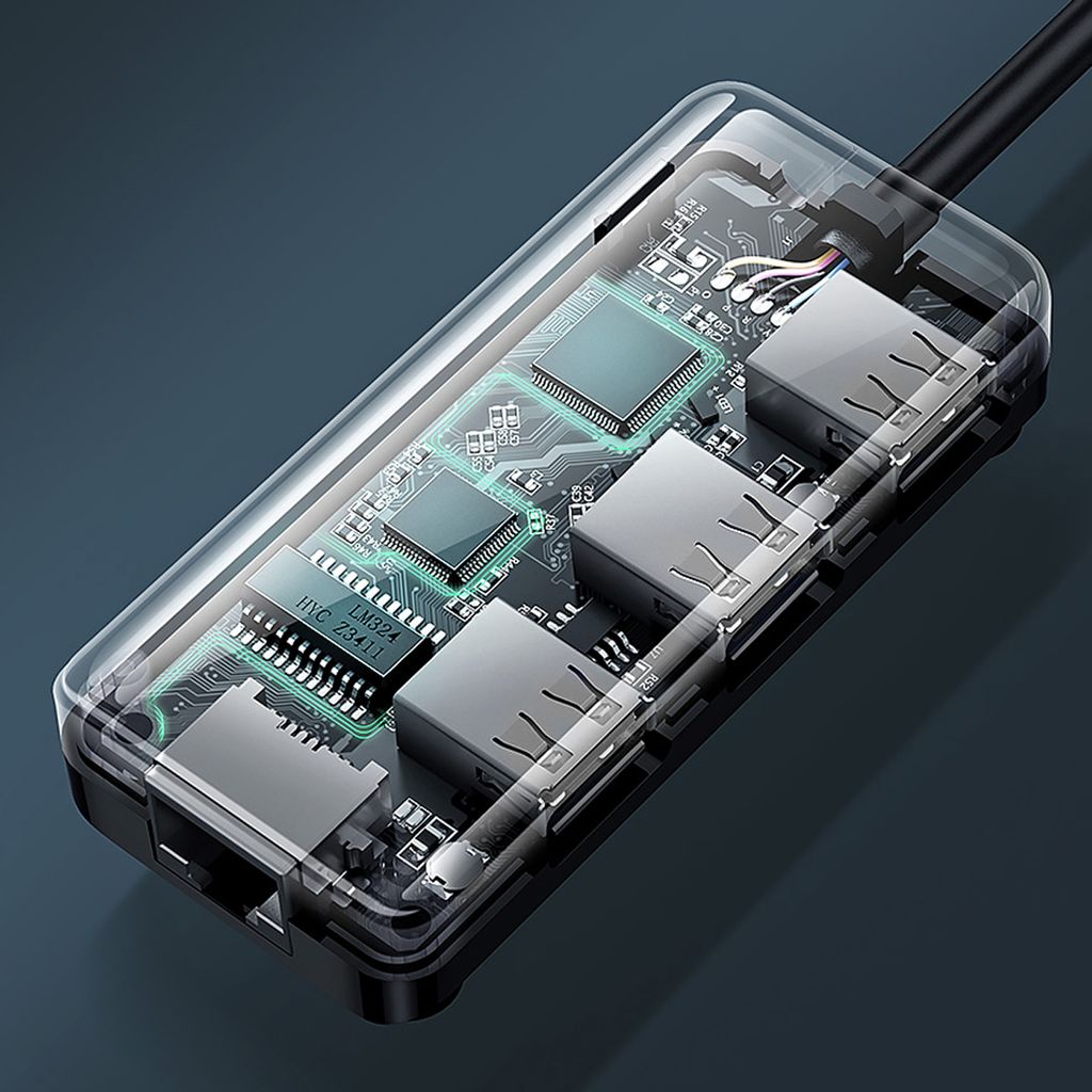 Ugreen 20264 RJ45 / USB-A nettverksadapter og USB HUB – 3 porter, svart