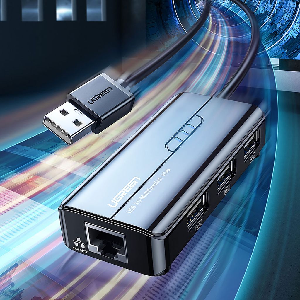 Ugreen 20264 RJ45 / USB-A nettverksadapter og USB HUB – 3 porter, svart