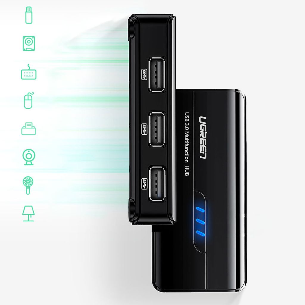 Ugreen 20264 RJ45 / USB-A nettverksadapter og USB HUB – 3 porter, svart