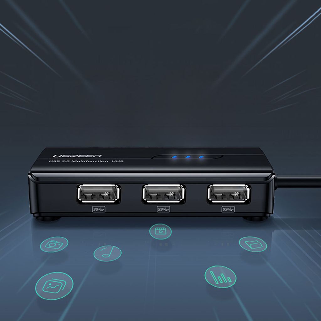 Ugreen 20264 RJ45 / USB-A nettverksadapter og USB HUB – 3 porter, svart