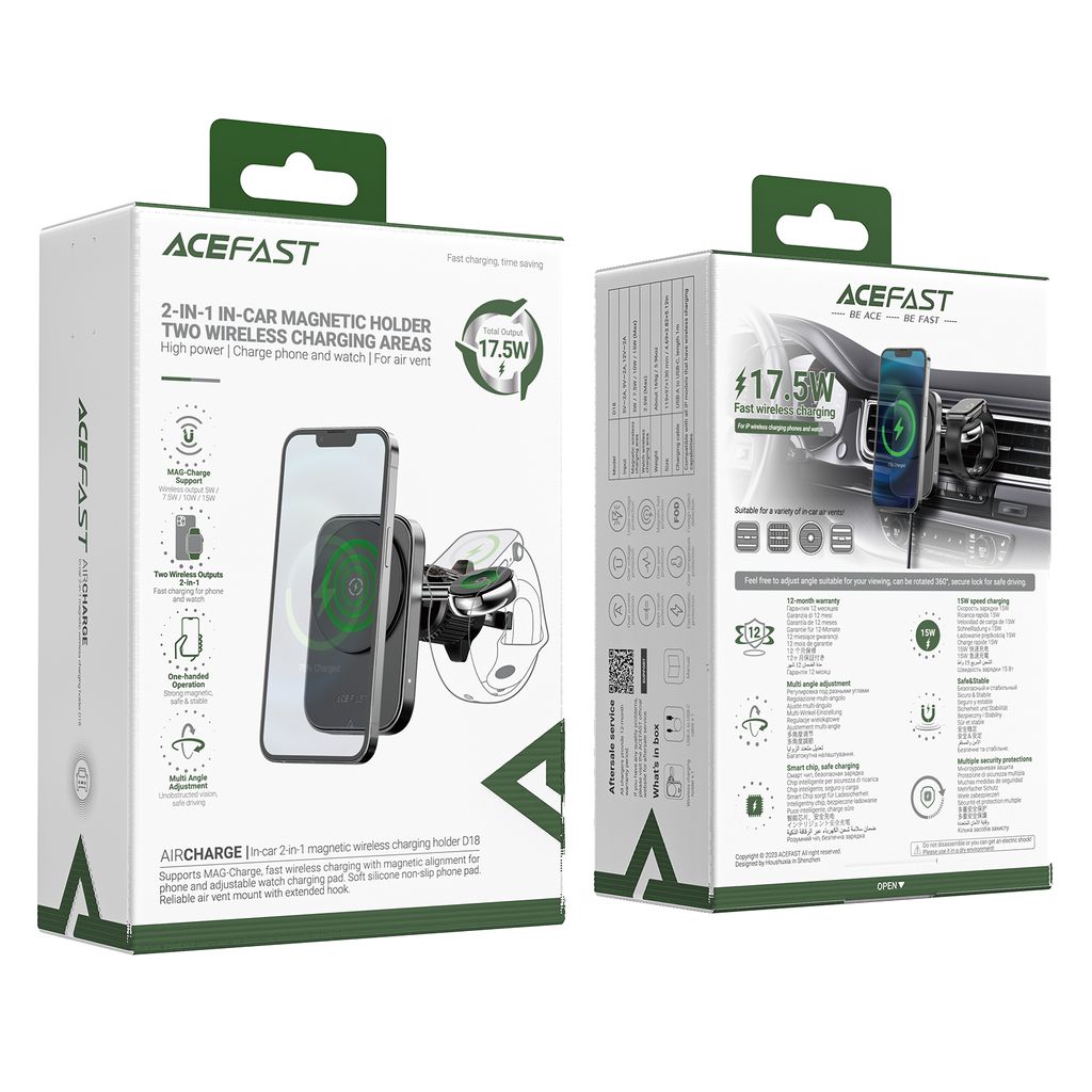 Acefast D18 bilholder med MagSafe/Qi trådløs lading + USB-A til USB-C-kabel – svart