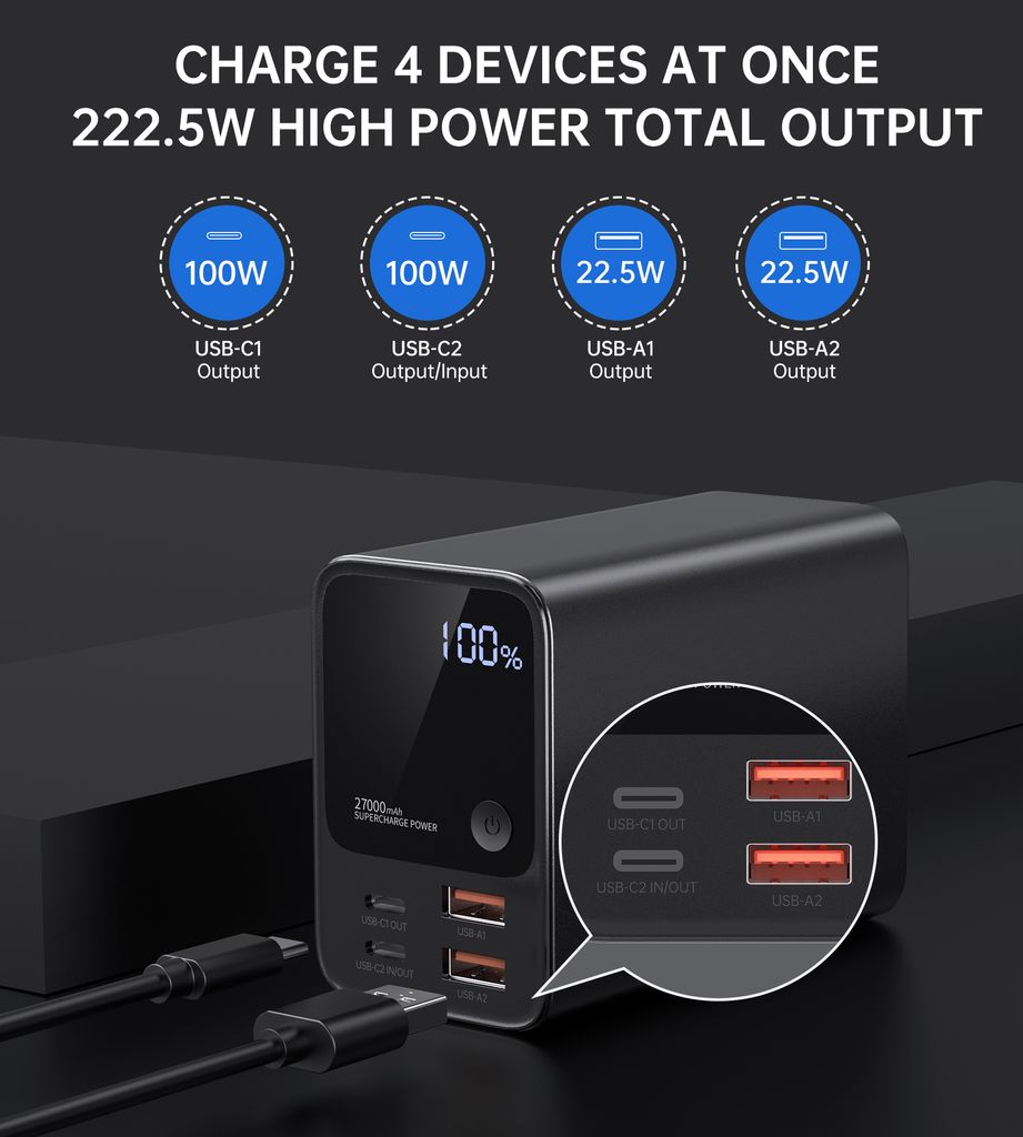 Choetech B635BK USB-A / USB-C powerbank 22.5W 27000mAh - svart