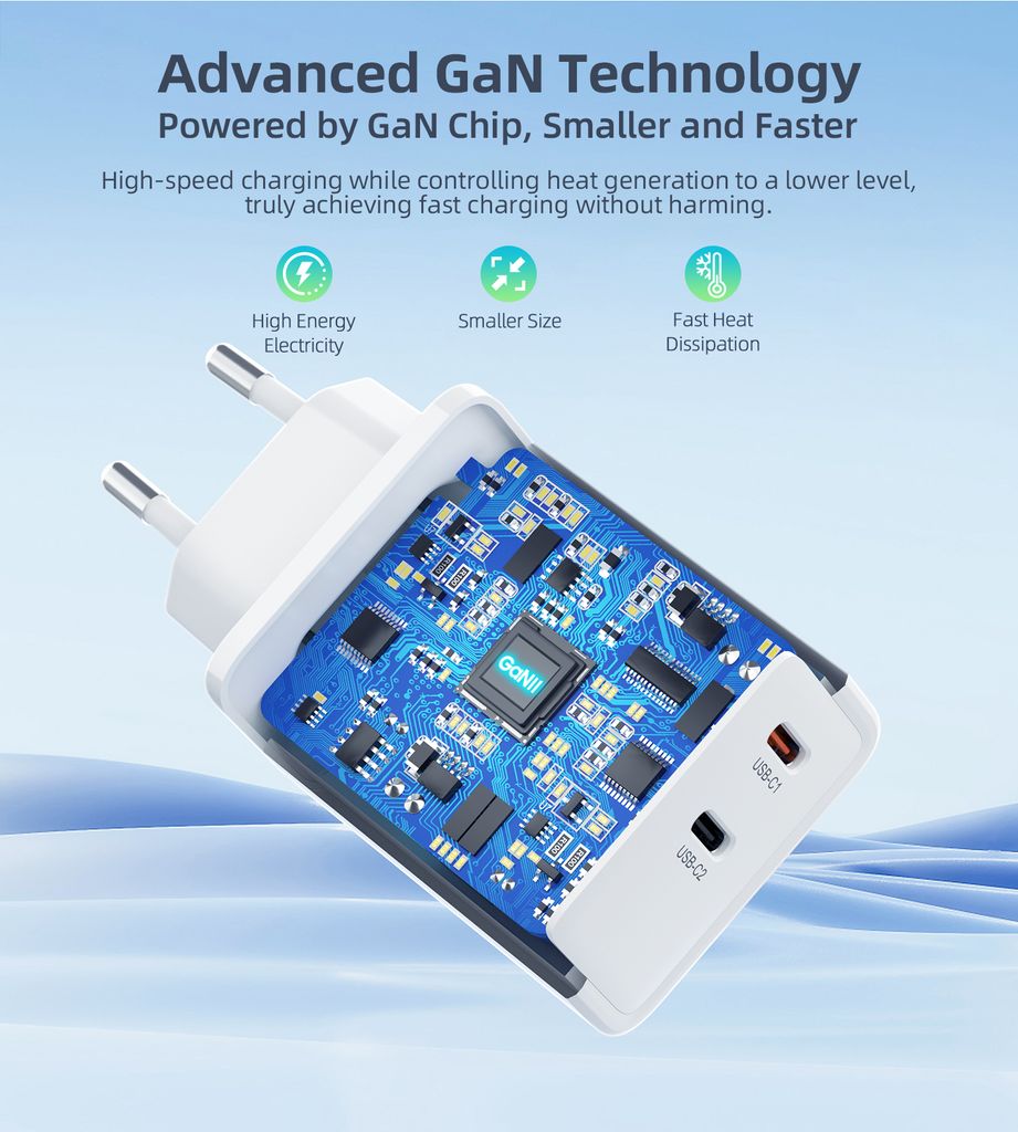 Choetech PD6013 2x USB-C PD 65W GaN vegglader – hvit