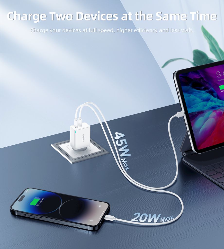 Choetech PD6013 2x USB-C PD 65W GaN vegglader – hvit
