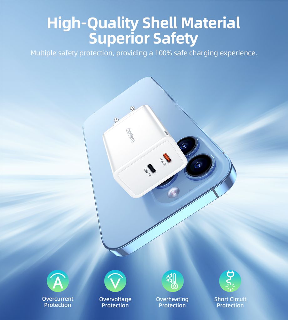 Choetech PD6013 2x USB-C PD 65W GaN vegglader – hvit
