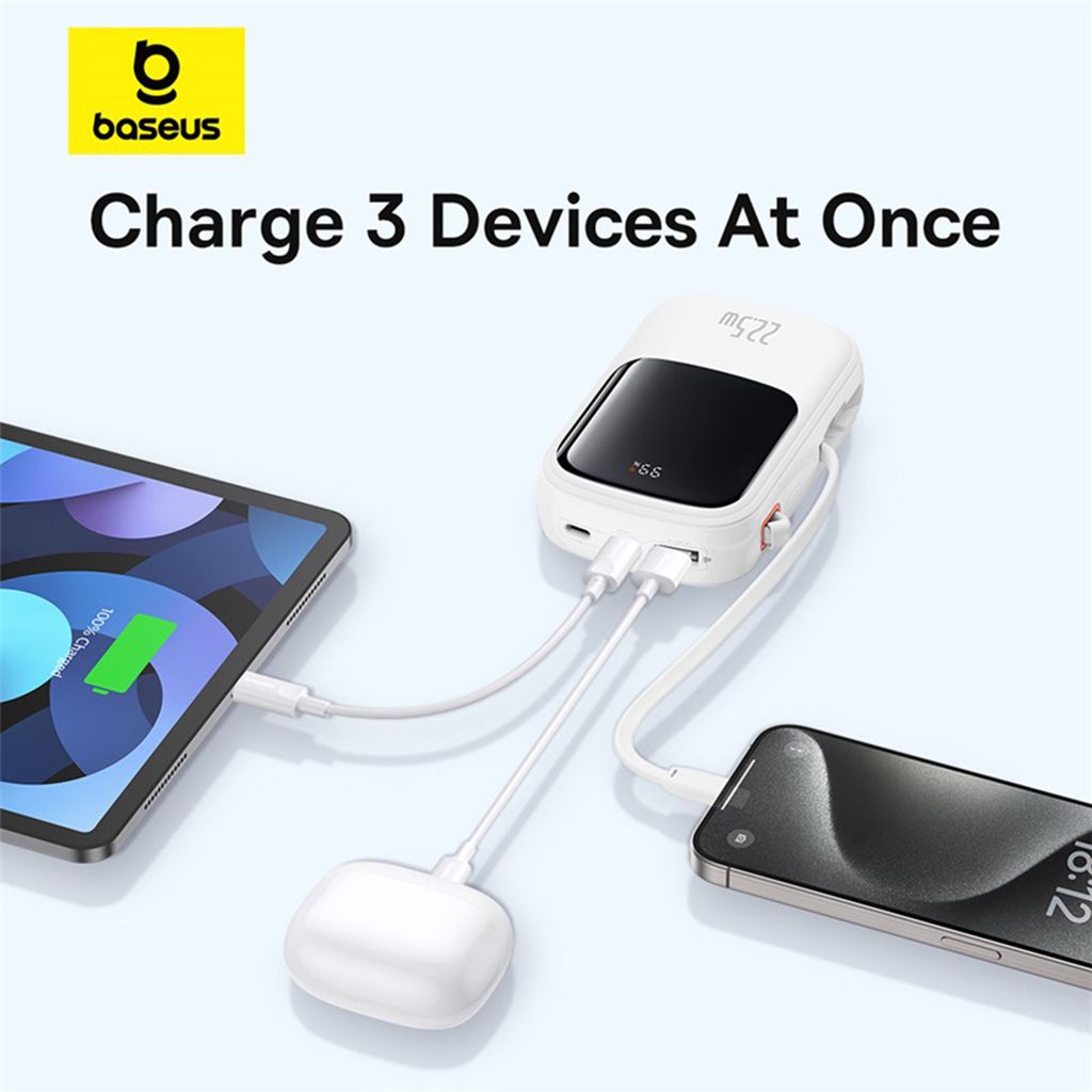 Baseus QPow Pro+ Powerbank 20000mAh – USB-C-kabel & Display – Vit