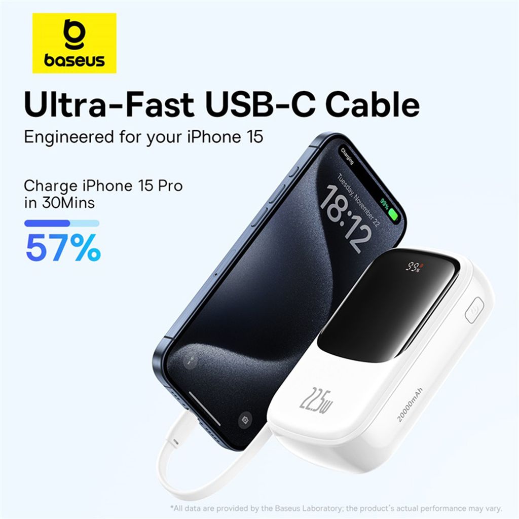 Baseus QPow Pro+ Powerbank 20000mAh – USB-C-kabel & Display – Vit
