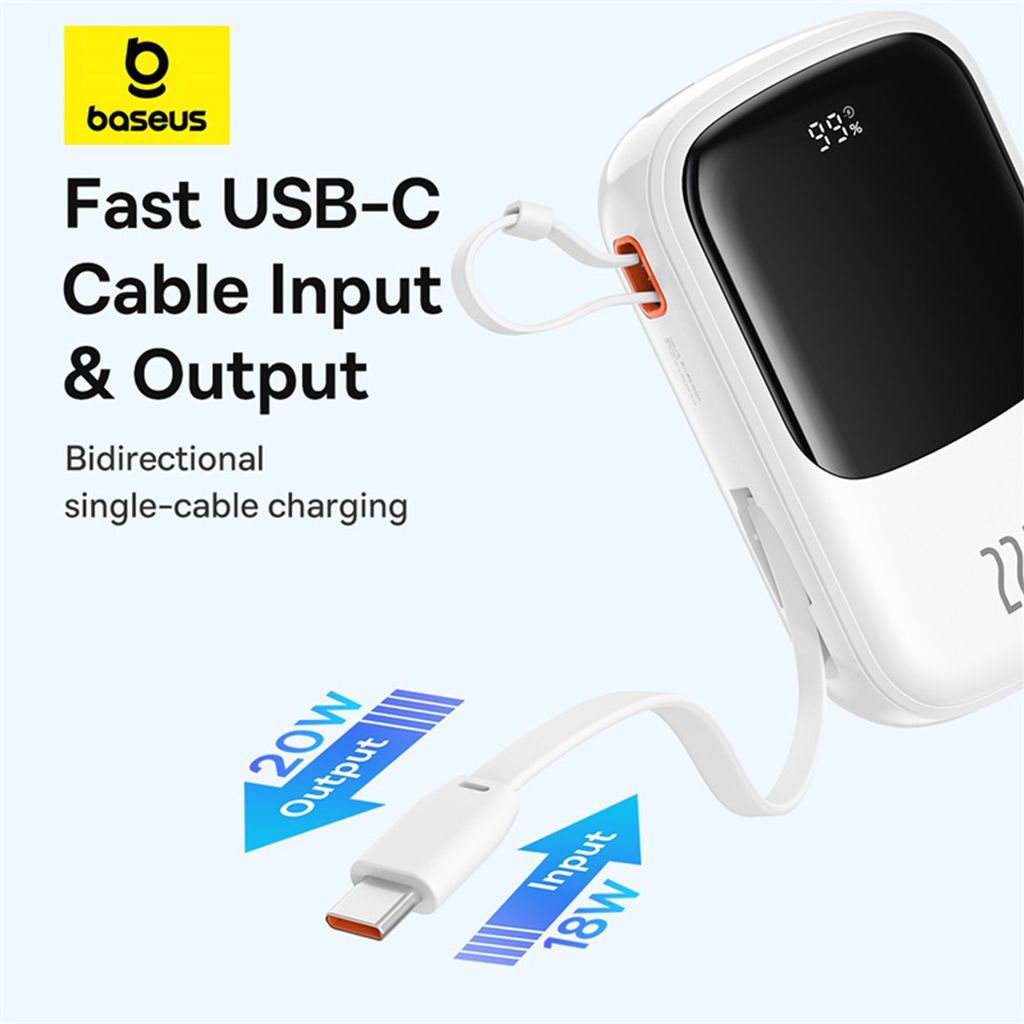 Baseus QPow Pro+ Powerbank 20000mAh – USB-C-kabel & Display – Vit
