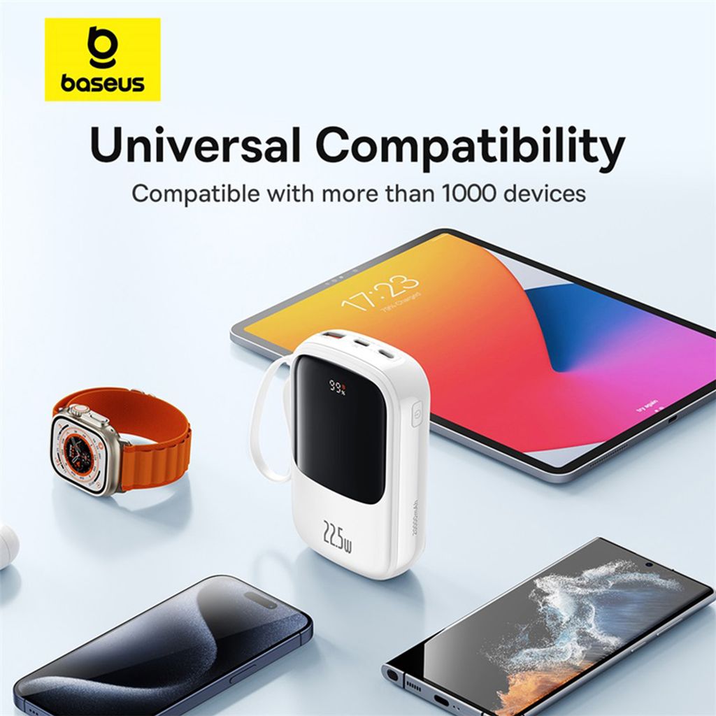 Baseus QPow Pro+ Powerbank 20000mAh – USB-C-kabel & Display – Vit