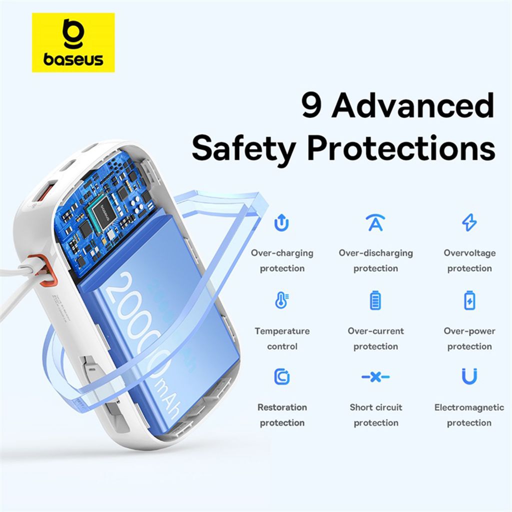 Baseus QPow Pro+ Powerbank 20000mAh – USB-C-kabel & Display – Vit
