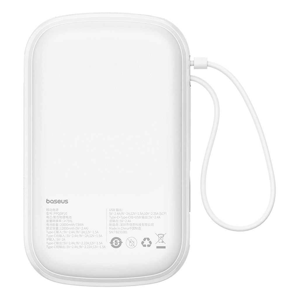 Baseus QPow Pro+ Powerbank 20000mAh – USB-C-kabel & Display – Vit
