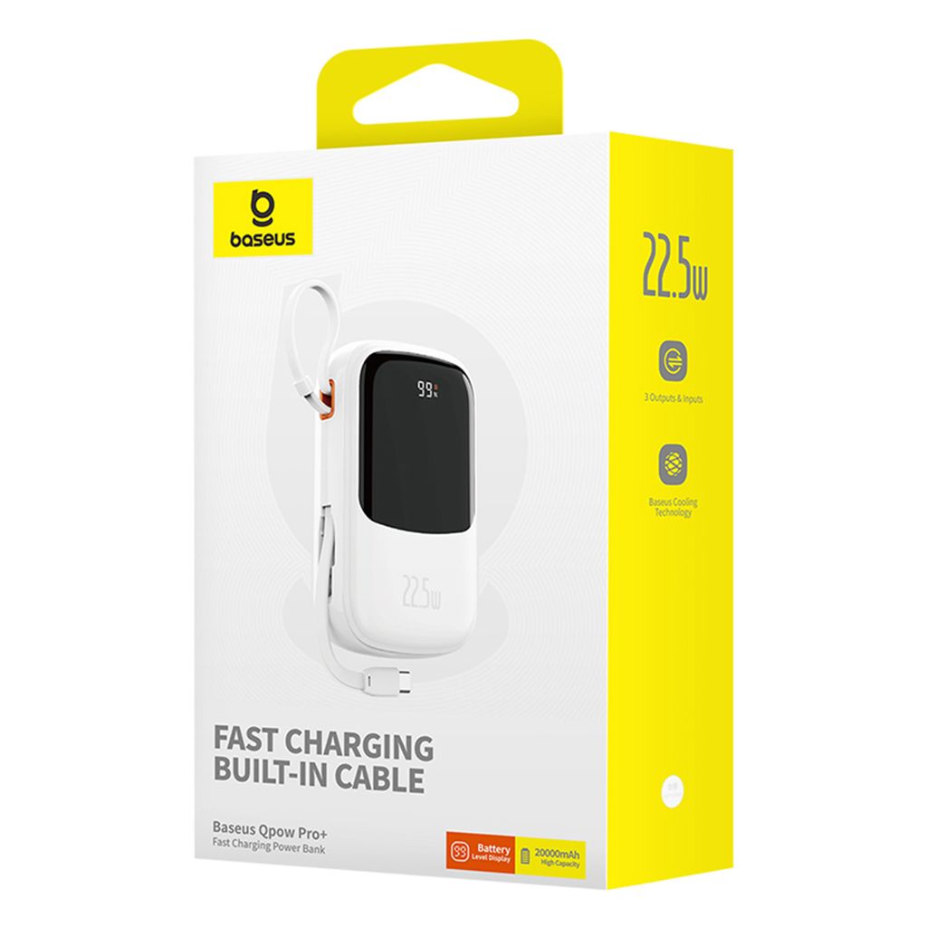 Baseus QPow Pro+ Powerbank 20000mAh – USB-C-kabel & Display – Vit