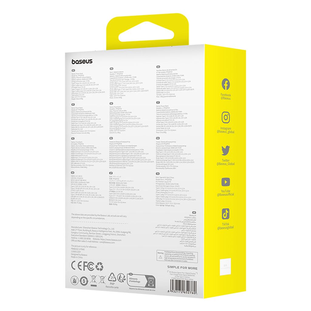 Baseus QPow Pro+ Powerbank 20000mAh – USB-C-kabel & Display – Vit