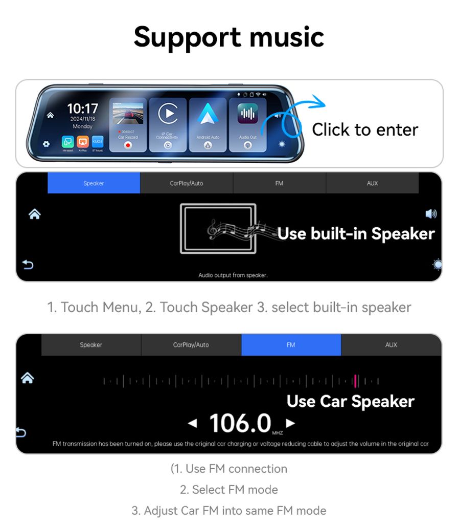 YESIDO KM24 -peruutuspeilikamera autoon, jossa on Carplay – Android Auto, AirPlay-näyttö
