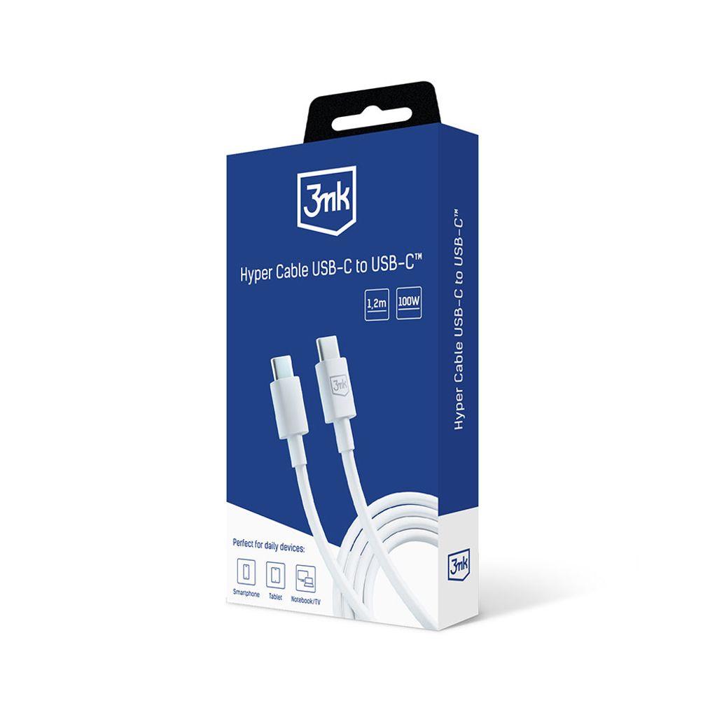 3mk Hyper Cable USB-C / USB-C 100W 1,2m – hvit