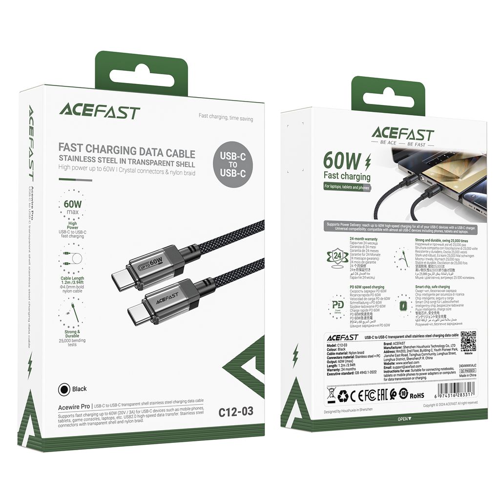Acefast C12 USB-C / USB-C PD kabel 60W med nylonflet - sort