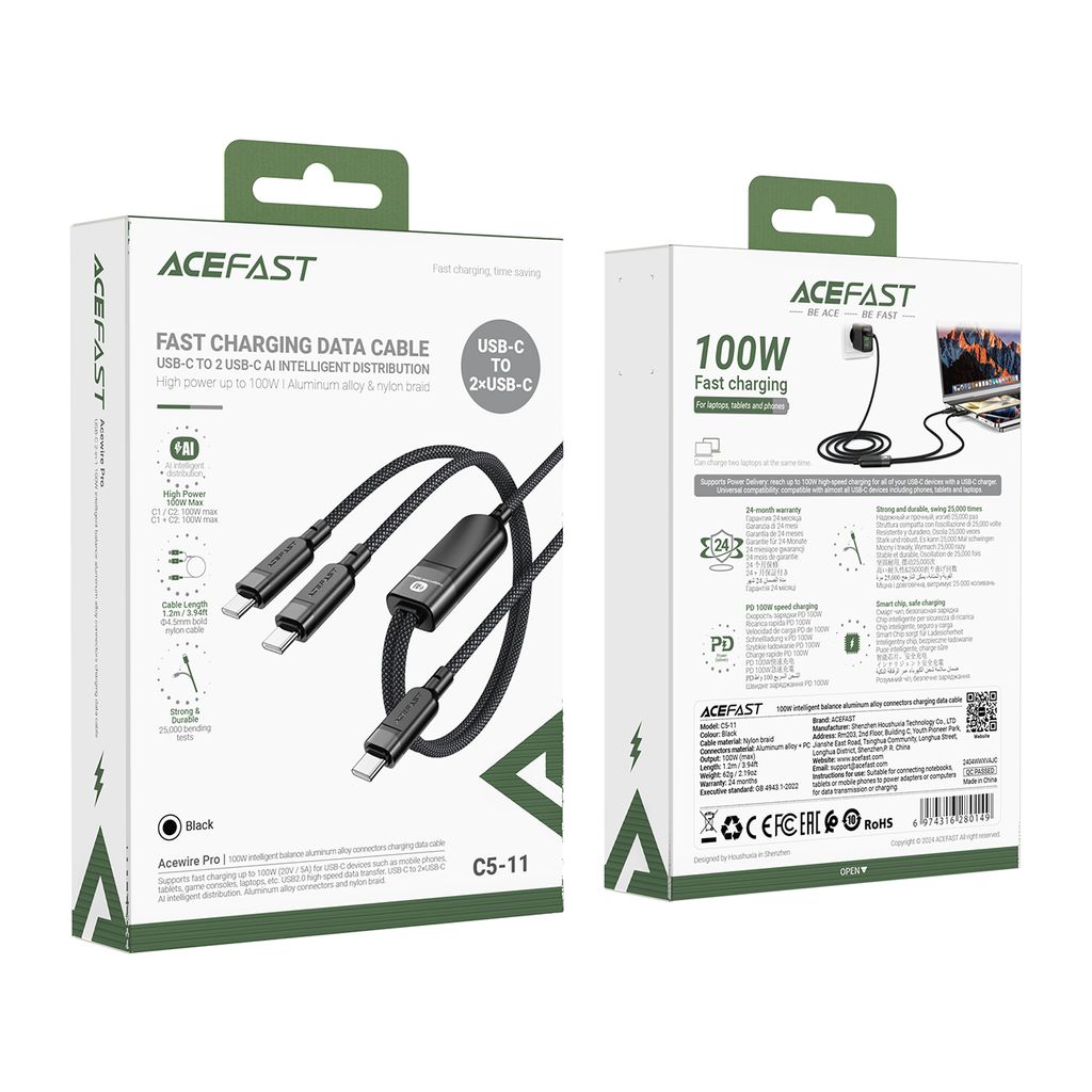 Acefast C5 USB-C til USB-C 2-i-1 kabel 100W 480Mb/s svart 1,2m