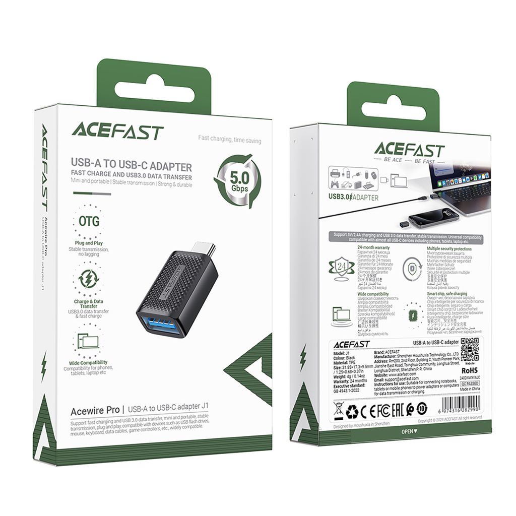 Acefast J1 USB-A til USB-C adapter 5Gb/s – svart