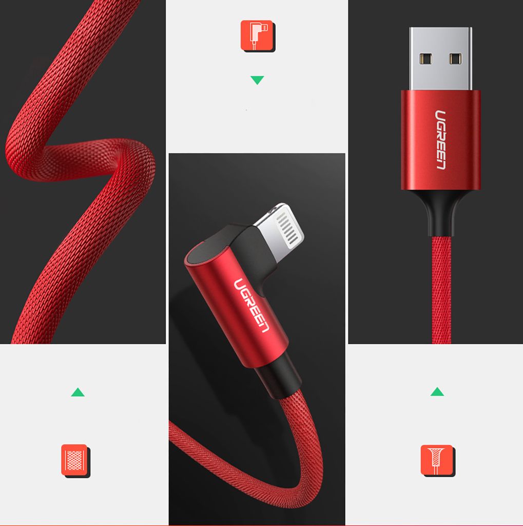 Ugreen US299 60555 Lightning/USB-A kaapeli, MFi, kulmaliitin, 2.4A, 1m, musta