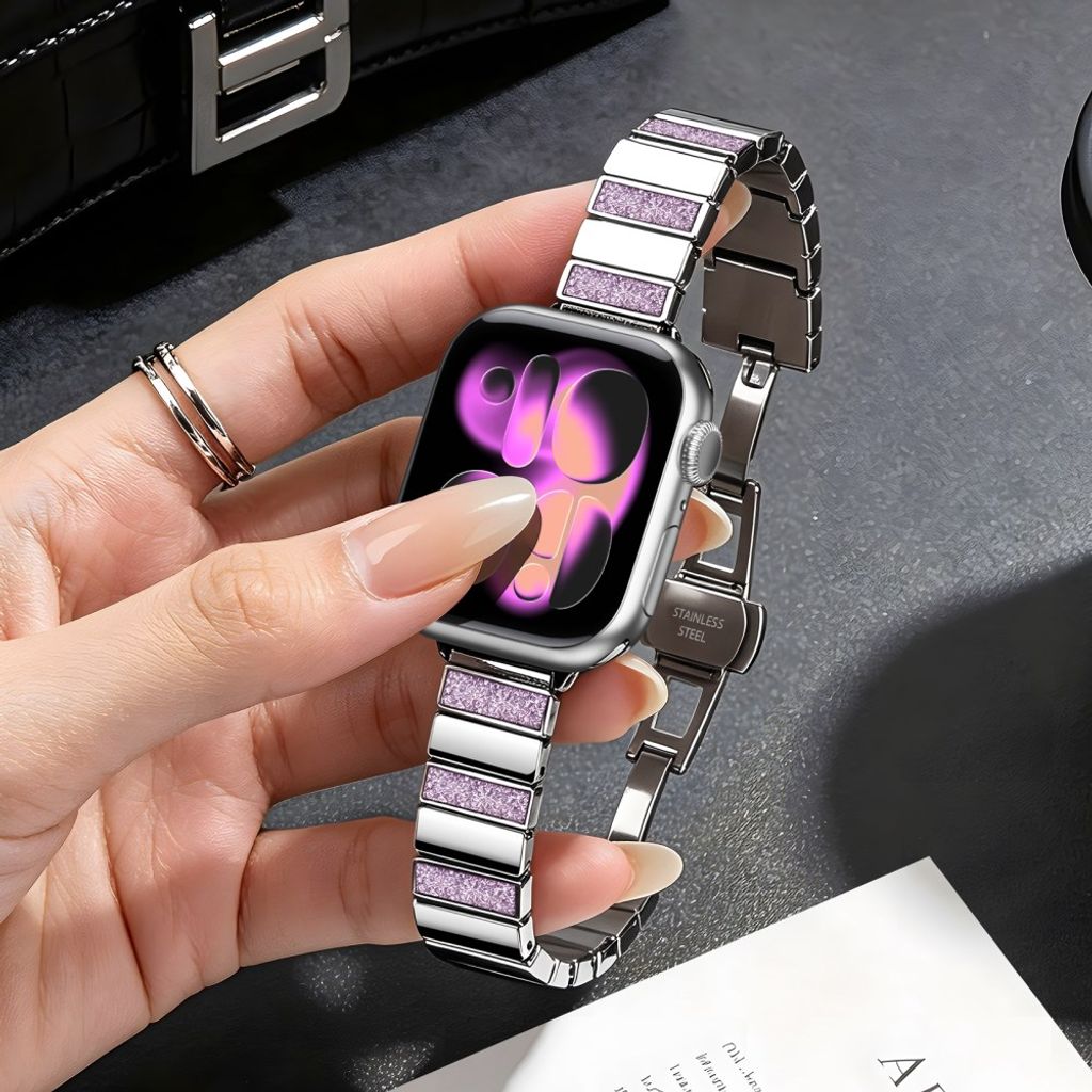 Apple Watch 42/41/40/38mm Klockarmband i rostfritt stål med glitter - Rosa
