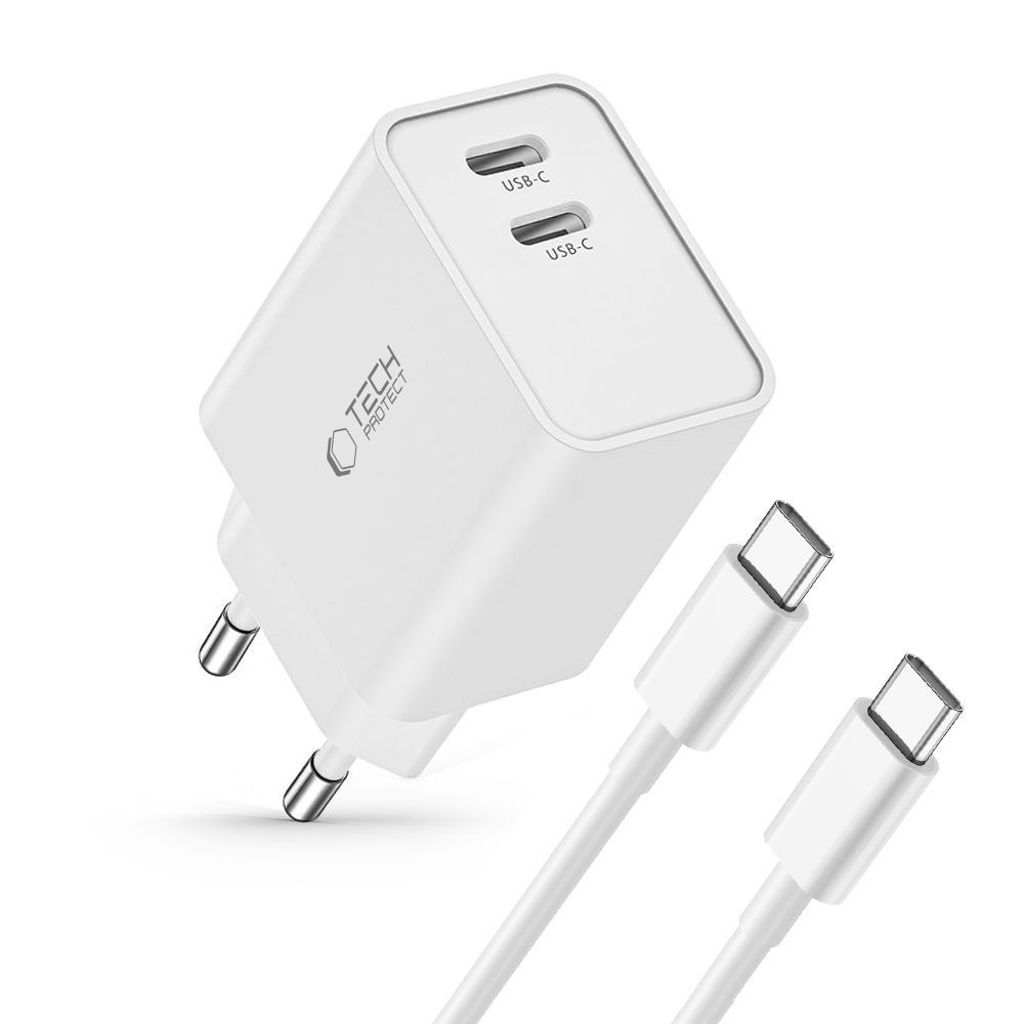 Tech-Protect C35W 2x USB-C PD 35W laturi + USB-C / USB-C kaapeli, valkoinen