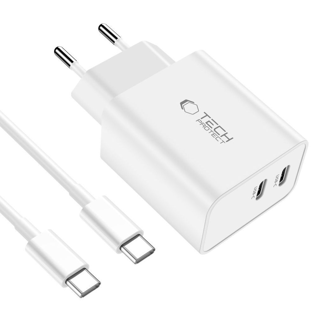 Tech-Protect C35W 2x USB-C PD 35W laturi + USB-C / USB-C kaapeli, valkoinen