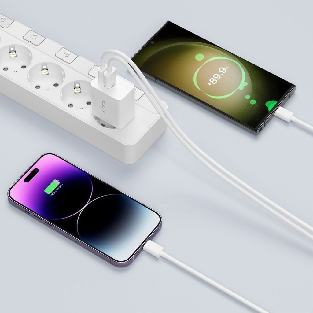 Tech-Protect C35W 2x USB-C PD 35W vegglader med USB-C / Lightning-kabel - hvit