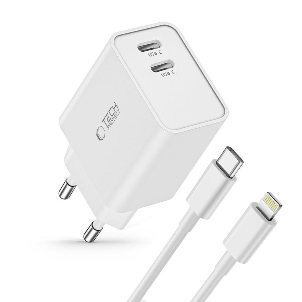 Tech-Protect C35W 2x USB-C PD 35W vegglader med USB-C / Lightning-kabel - hvit